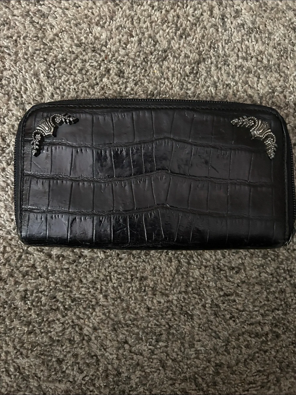 Brighton Black Croc-Embossed Zip Wallet with Silver Corner Accents
